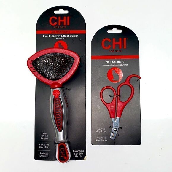 😻CHI FOR CATS ALL HAIR/Coats Dual sided pin&Bristle Brush & Nail scissors New - Picture 1 of 6